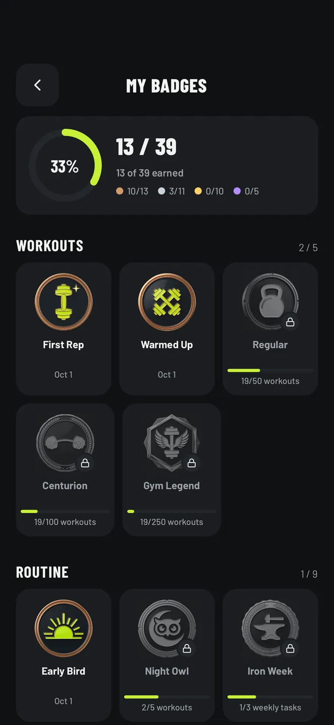 Badge collection with 13 of 39 earned