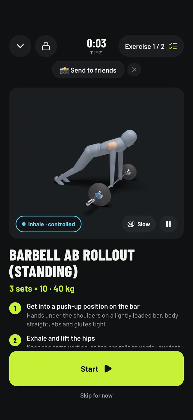 Exercise intro with animation and coaching steps