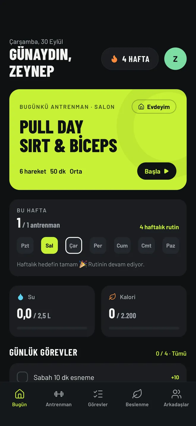 Pull Day antrenmanıyla Bugün ekranı