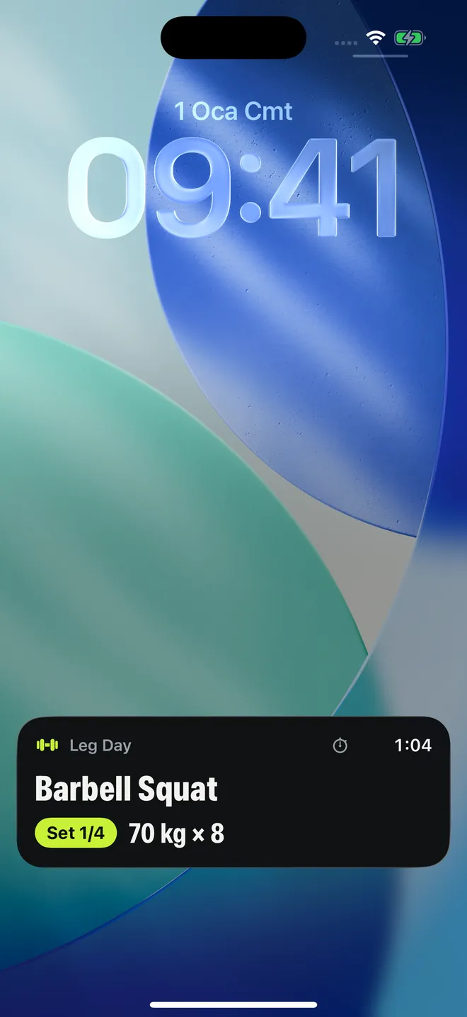 Live Activity on the lock screen showing Barbell Squat, set 1 of 4