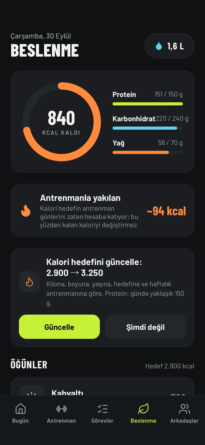Kalan kalori ve makroları gösteren beslenme ekranı