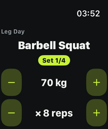 Apple Watch logging Barbell Squat 70 kg × 8